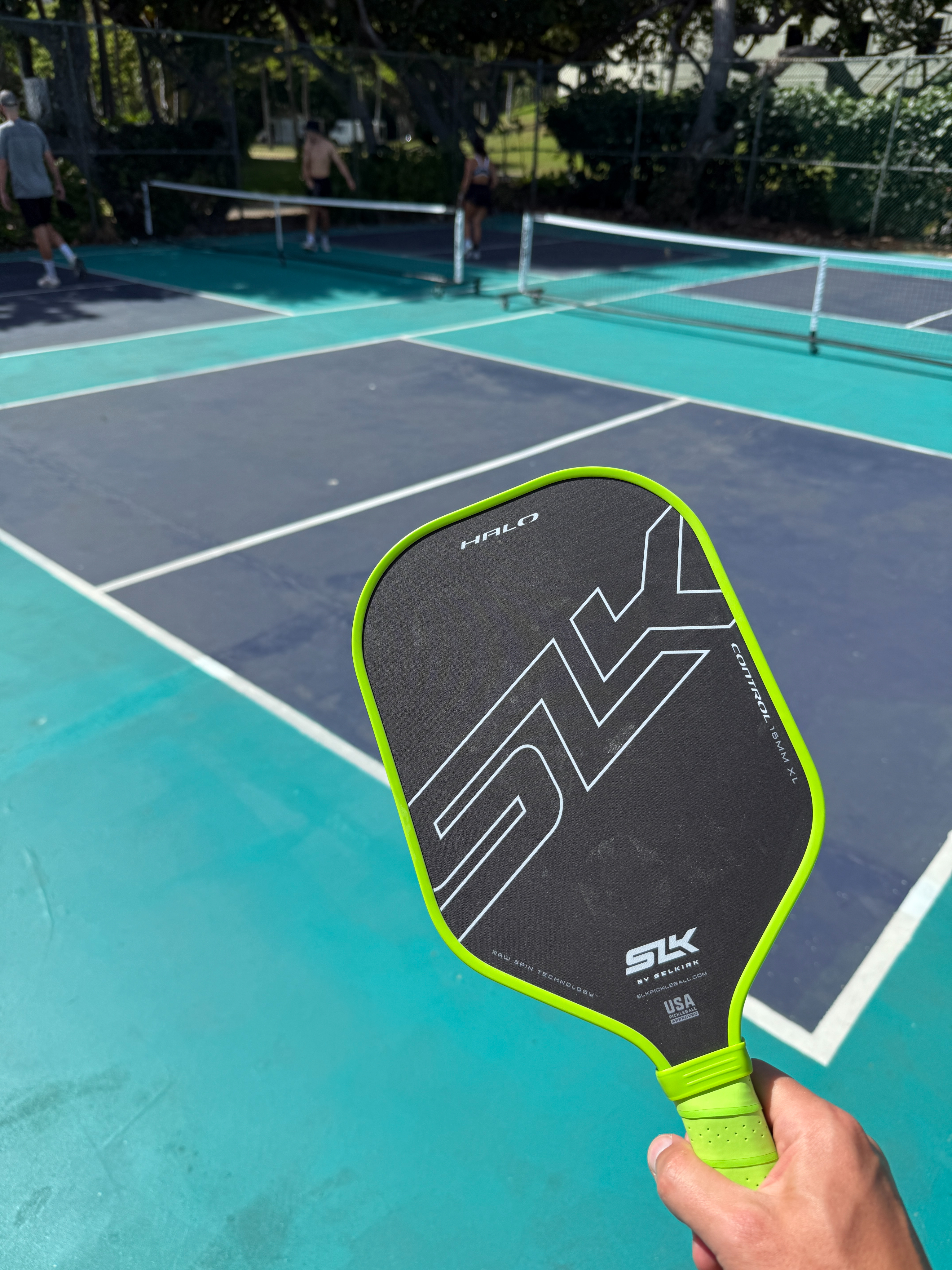 Pickleball paddle with court in background.